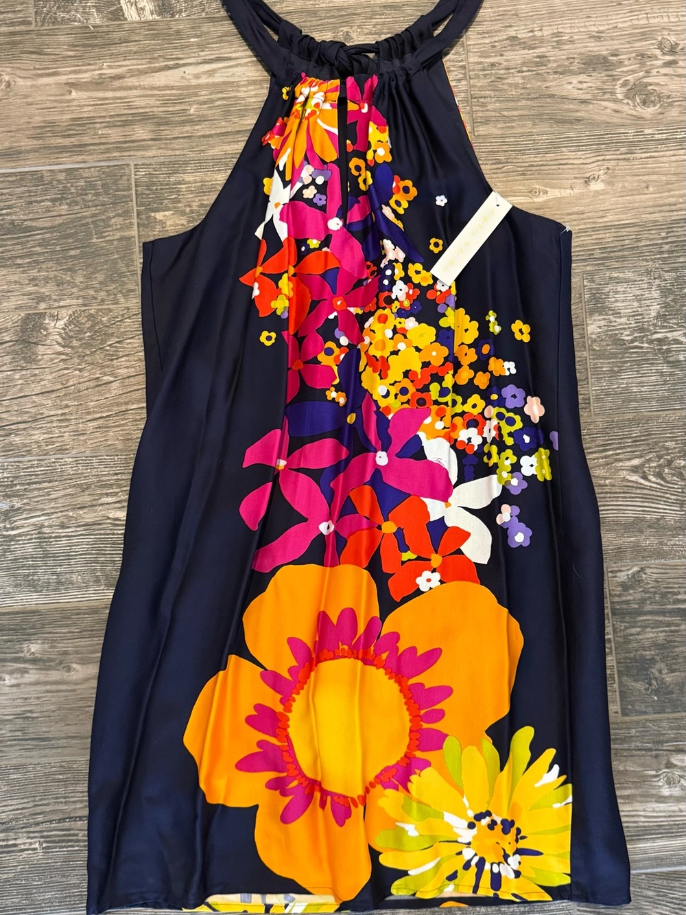 Trina Turk Navy Floral Halter Dress with Orange, Pink & Yellow Blooms - Picture 1 of 3
